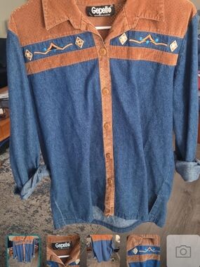 Vintage Denim Button-Down Shirt with Brown Suede Trim